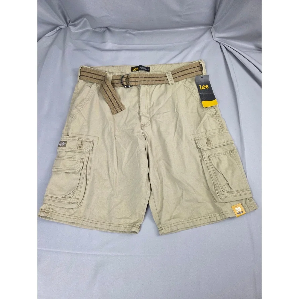 Lee Wyoming Cargo Shorts Mens 36 Khaki Tan Cotton Twill Belted Dungarees NEW
